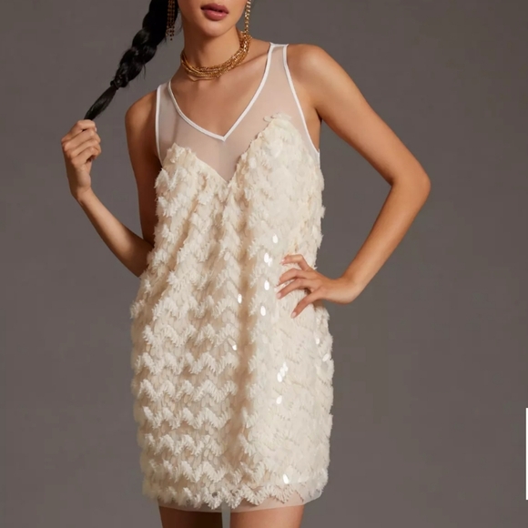 Anthropologie Maeve Textured Sequin Mini Cream Dress - Picture 1 of 7